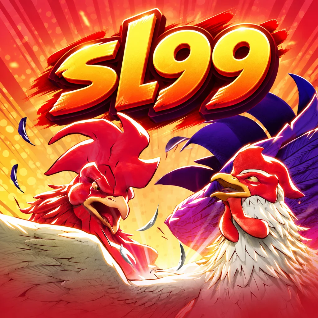 sl99 Rooster Rbl menampilkan pertarungan dua ayam jantan berlatar merah